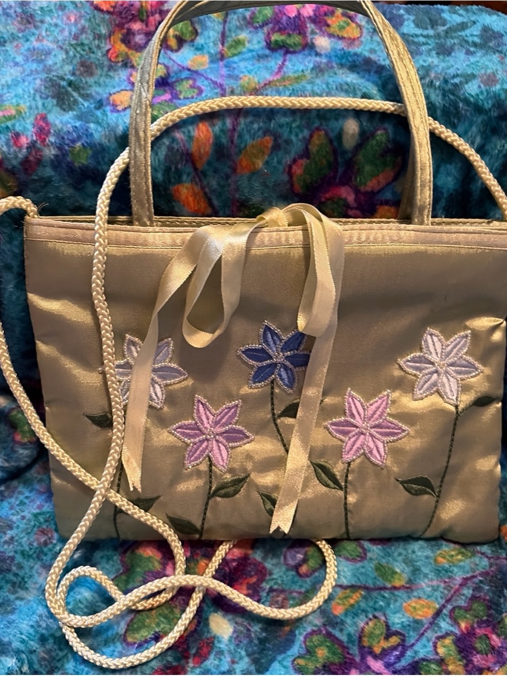 Sasha Embroidered Satin Floral Handbag in Pastel Green